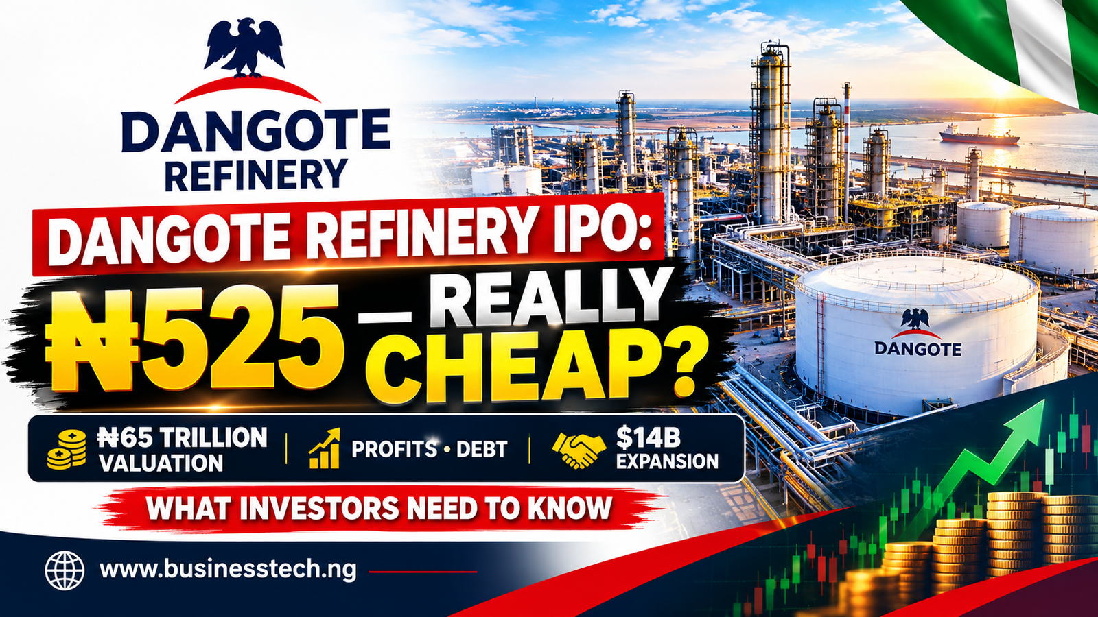 Dangote Refinery IPO at ₦525: Is It Really Cheap? What Investors Need to Know About the ₦65 Trillion Valuation, Profits, Debt and $14 Billion Expansion